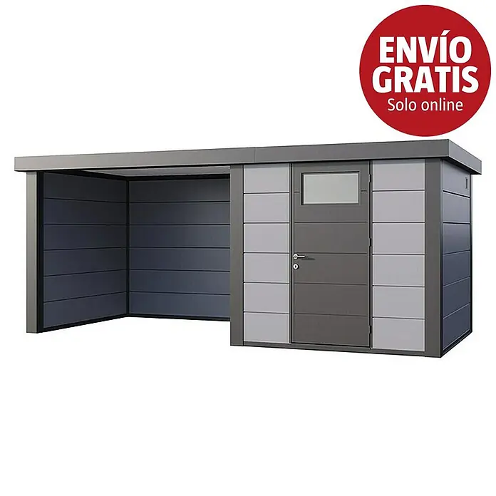 Telluria Caseta para jardín Classico 2424 con salón a la izquierda - Medidas ext. (An x Pr): 542 x 258 cm, Acero, Gris claro/Antracita, Sin set - Caseta de jardín moderna de metal gris antracita y gris claro con carport integrado. Dispone de puerta con ventana.