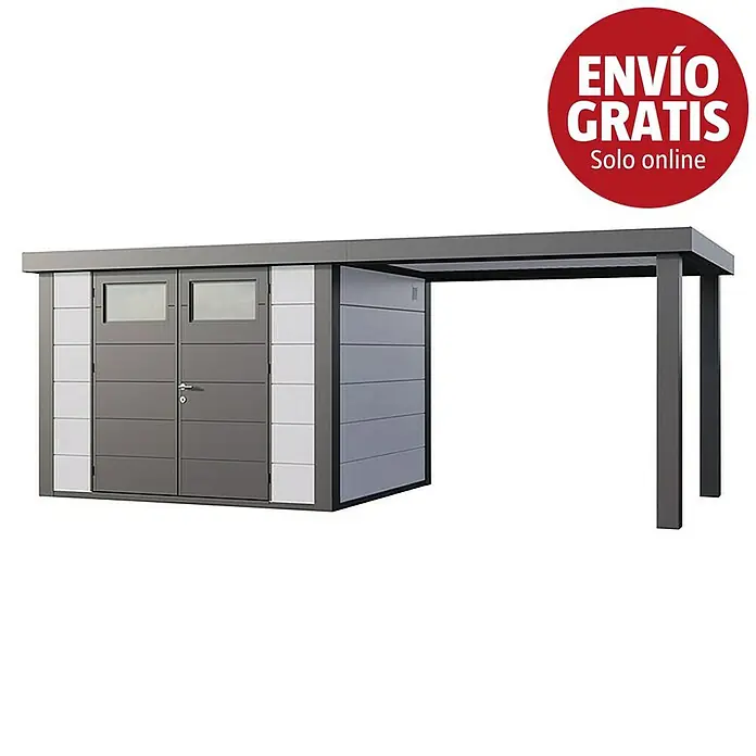 Telluria Caseta para jardín Classico 3024 con salón abierto a la derecha - Medidas ext. (An x Pr): 602 x 258 cm, Acero, Blanco/Antracita, Sin set - Caseta de jardín moderna de metal gris y blanco con entrada de dos puertas y cochera integrada a la derecha.