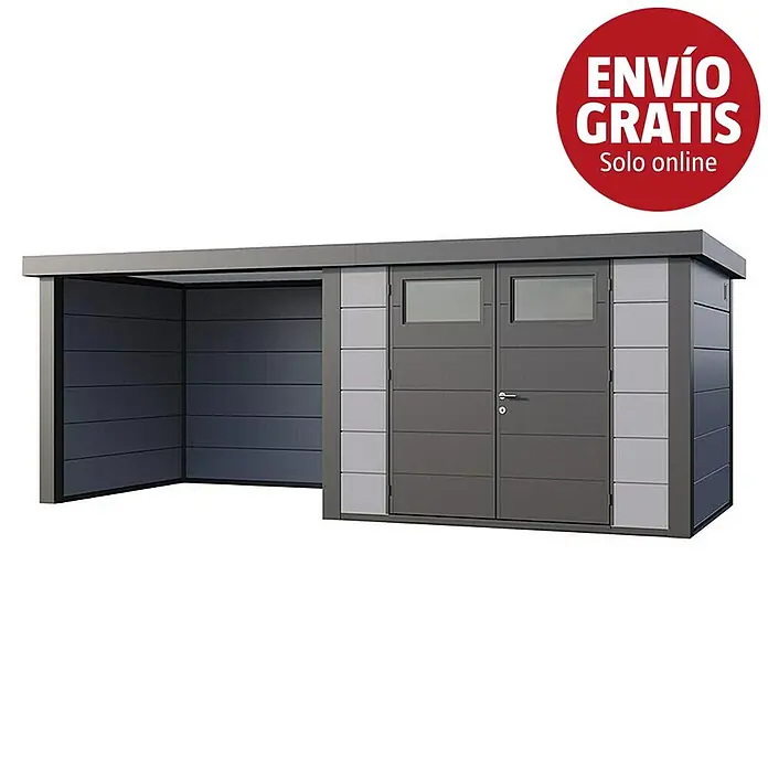 Telluria Caseta para jardín Classico 3024 con salón a la izquierda - Medidas ext. (An x Pr): 602 x 258 cm, Acero, Gris claro/Antracita, Sin set - Caseta de jardín gris con puertas dobles y ventanas, con un cobertizo abierto integrado en el lado izquierdo.