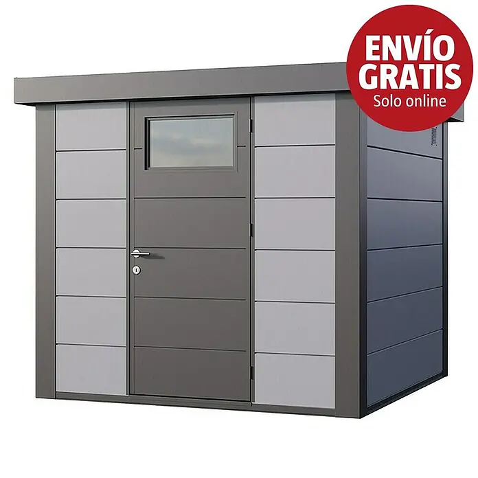 Telluria Caseta para jardín Classico 2424 - Medidas ext. (An x Pr): 258 x 258 cm, Acero, Gris claro, Sin set - Caseta de jardín moderna de metal gris y gris claro con puerta y ventana.