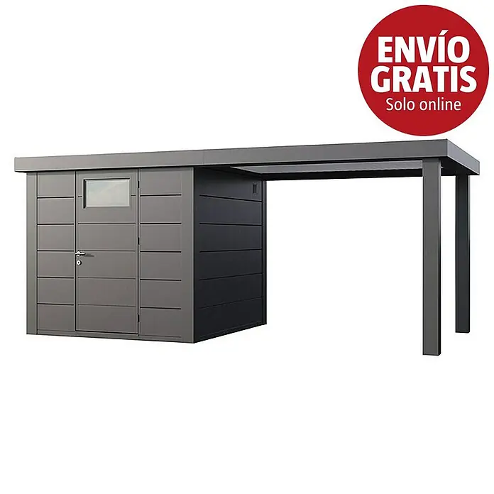 Telluria Caseta para jardín Classico 2424 con salón abierto a la derecha - Medidas ext. (An x Pr): 542 x 258 cm, Acero, Antracita, Sin set - Cobertizo de jardín de metal gris oscuro con marquesina integrada.