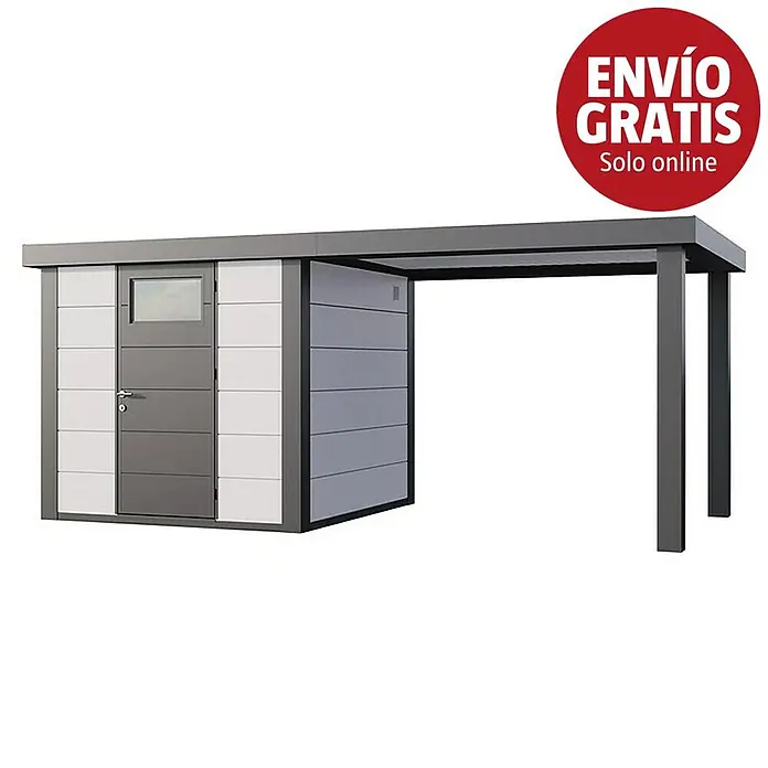 Telluria Caseta para jardín Classico 2424 con salón abierto a la derecha - Medidas ext. (An x Pr): 542 x 258 cm, Acero, Blanco/Antracita, Sin set - Cobertizo moderno gris y blanco con carport integrado.