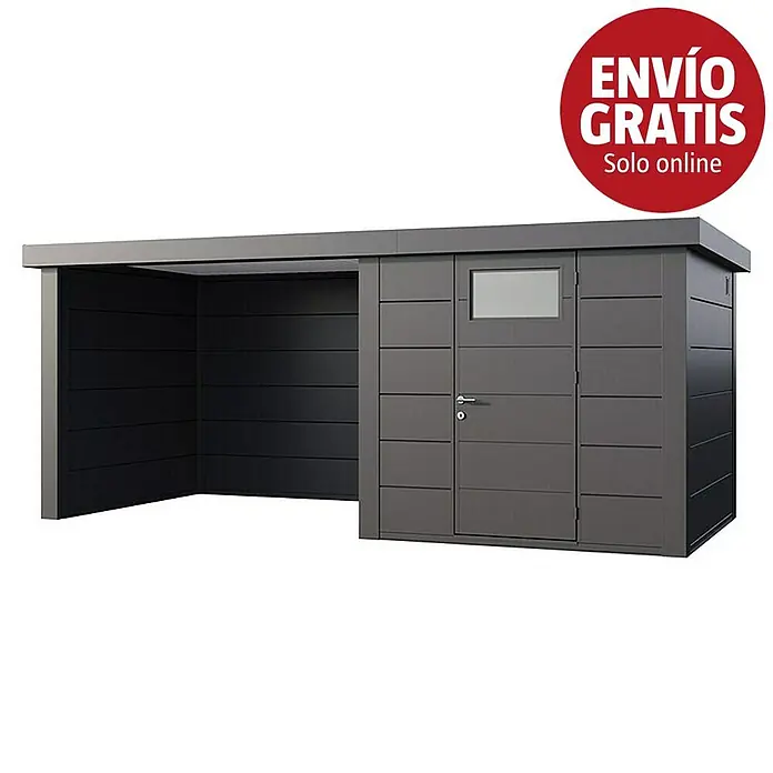 Telluria Caseta para jardín Classico 2424 con salón a la izquierda - Medidas ext. (An x Pr): 542 x 258 cm, Acero, Antracita, Sin set - Caseta de jardín de metal gris oscuro con garaje abierto integrado, con techo plano y puerta con ventana.