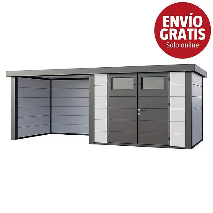 Telluria Caseta para jardín Classico 3024 con salón a la izquierda - Medidas ext. (An x Pr): 602 x 258 cm, Acero, Blanco/Antracita, Sin set - Caseta de jardín moderna gris y blanca con carport integrado. Almacenamiento seguro y aparcamiento cubierto.