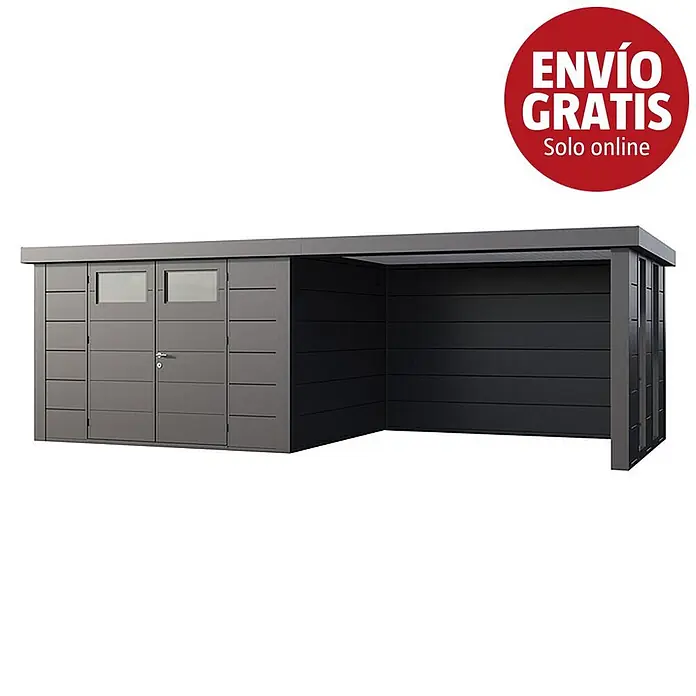 Telluria Caseta para jardín Classico 3330 con salón a la derecha y 2 ventanas - Medidas ext. (An x Pr): 692 x 318 cm, Acero, Antracita, Sin set - Caseta de jardín metálica gris oscuro con dos puertas, ventanas y un porche integrado.