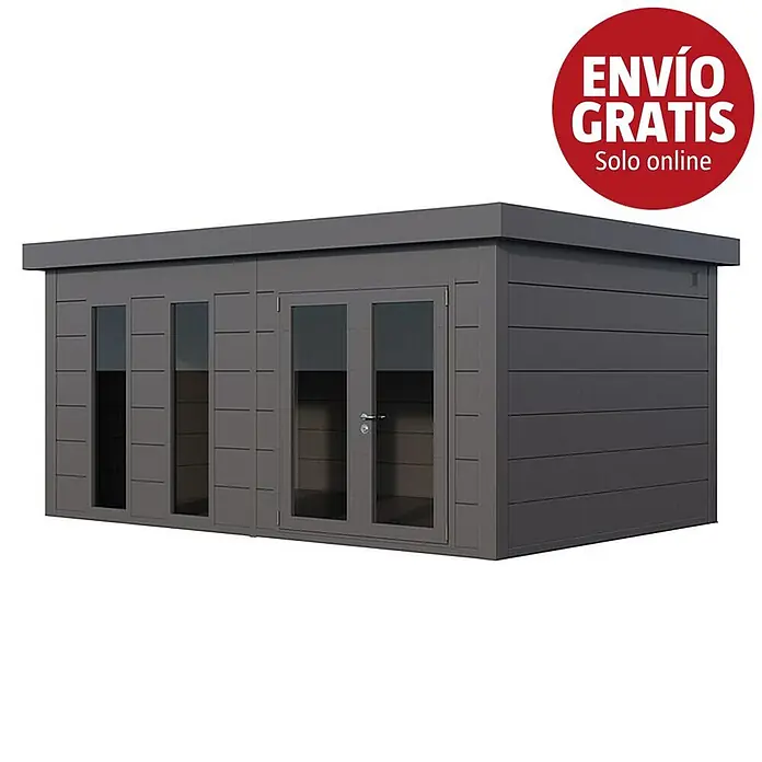 Telluria Caseta de jardín Luminato 5436+ - Medidas ext. (An x Pr): 568 x 388 cm, Antracita, Acero, Sin set - Caseta de jardín moderna gris oscuro con techo plano, varias ventanas y puertas dobles.