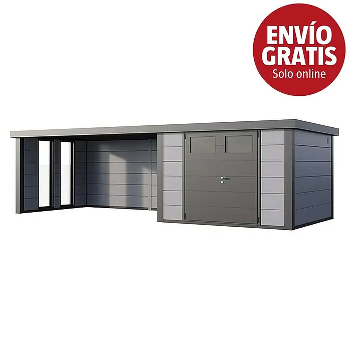 Telluria Caseta para jardín Classico 3030 con salón XL a la izquierda y 2 ventanas - Medidas ext. (An x Pr): 782 x 318 cm, Acero, Gris claro/Antracita, Sin set - Cobertizo metálico gris con cochera adjunta. El cobertizo tiene puertas dobles y paneles de acento gris claro, ofreciendo almacenamiento y refugio versátil.