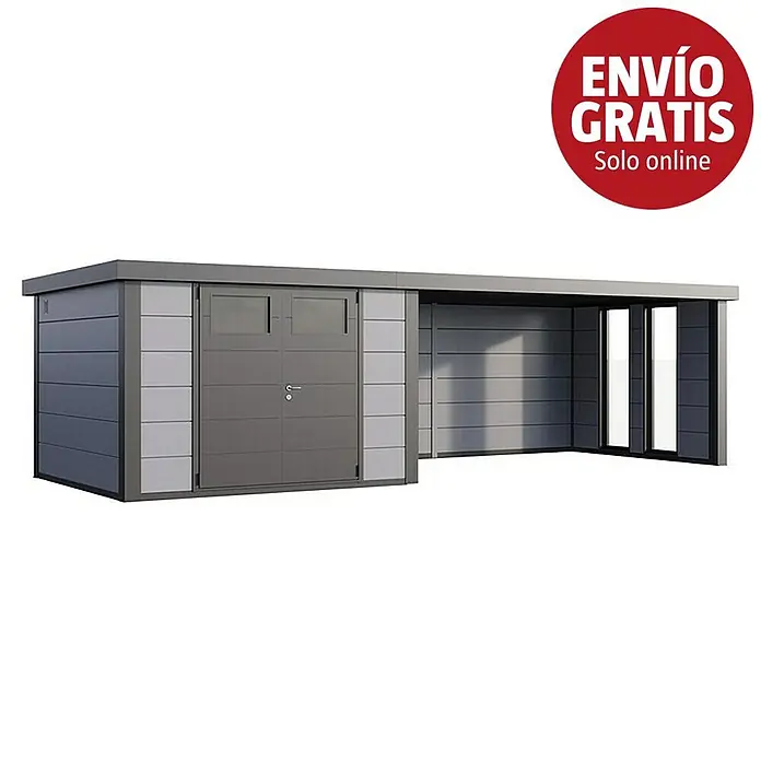 Telluria Caseta para jardín Classico 3330 con salón XL a la derecha y 2 ventanas - Medidas ext. (An x Pr): 812 x 318 cm, Acero, Gris claro/Antracita, Sin set - Caseta de jardín metálica gris con doble puerta y marquesina abierta adosada.