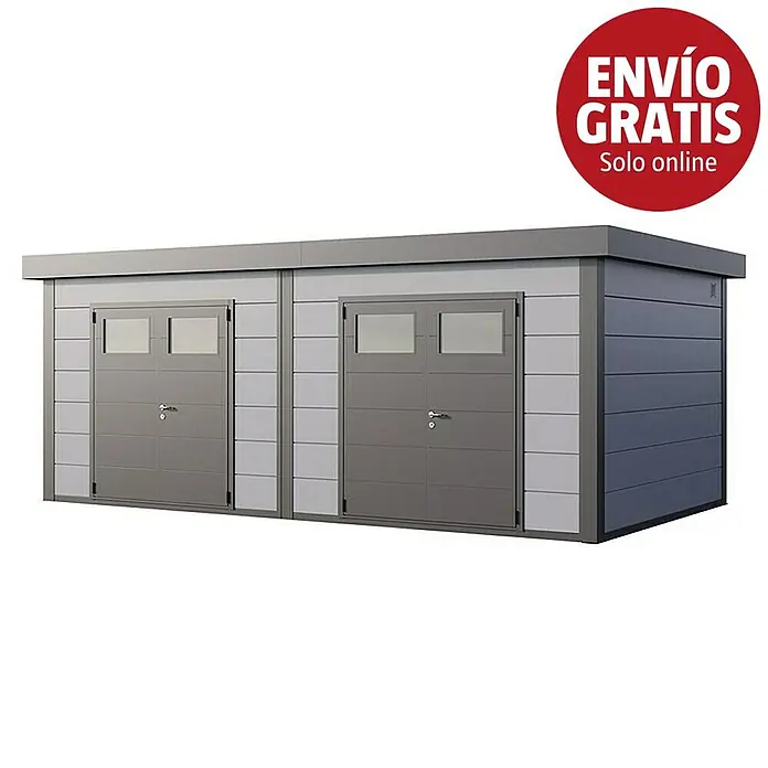 Telluria Caseta para jardín Duo 3336+ - Medidas ext. (An x Pr): 672 x 388 cm, Acero, Gris claro/Antracita, Sin set - Garaje/caseta metálica gris y antracita de dos secciones con techo plano y dos puertas, cada una con dos ventanas pequeñas.
