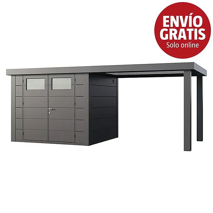 Telluria Caseta para jardín Classico 2724 con salón abierto a la derecha - Medidas ext. (An x Pr): 572 x 258 cm, Acero, Antracita, Sin set - Caseta de jardín gris oscuro con puertas dobles, ventanas rectangulares y estructura de garaje abierta adjunta.