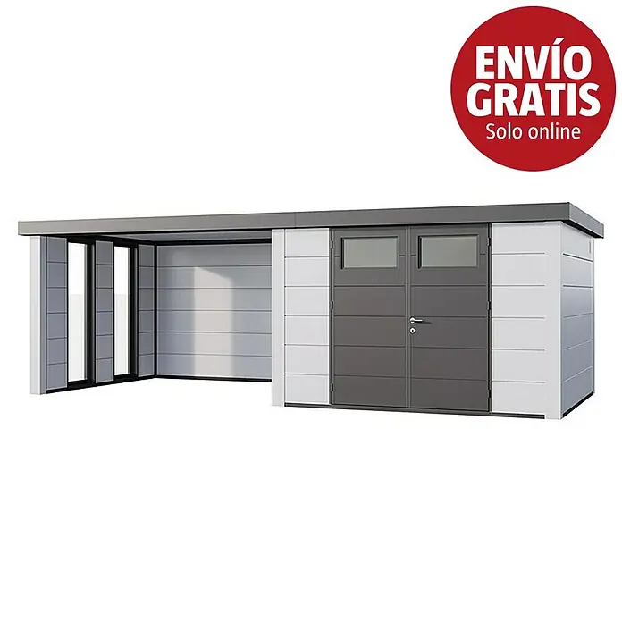 Telluria Caseta para jardín Classico 3330 con salón a la izquierda y 2 ventanas - Medidas ext. (An x Pr): 692 x 318 cm, Acero, Blanco, Sin set - Cobertizo de jardín moderno gris y blanco de metal con puertas dobles, ventanas y marquesina abierta integrada.