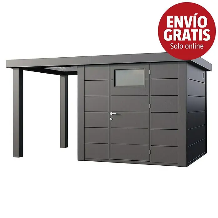 Telluria Caseta para jardín Classico 2424 con salón abierto a la izquierda - Medidas ext. (An x Pr): 426 x 258 cm, Acero, Antracita, Sin set - Cobertizo de jardín moderno de metal gris oscuro con marquesina integrada.