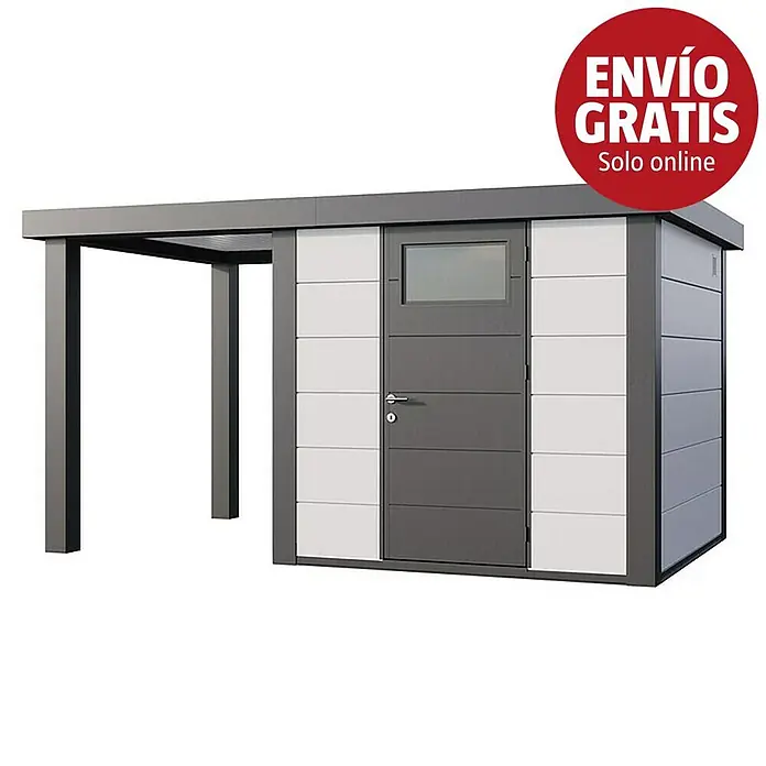 Telluria Caseta para jardín Classico 2424 con salón abierto a la izquierda - Medidas ext. (An x Pr): 426 x 258 cm, Acero, Blanco/Antracita, Sin set - Caseta de jardín moderna con cochera adjunta, estructura gris, paneles de pared grises y blancos alternados y puerta gris con ventana.