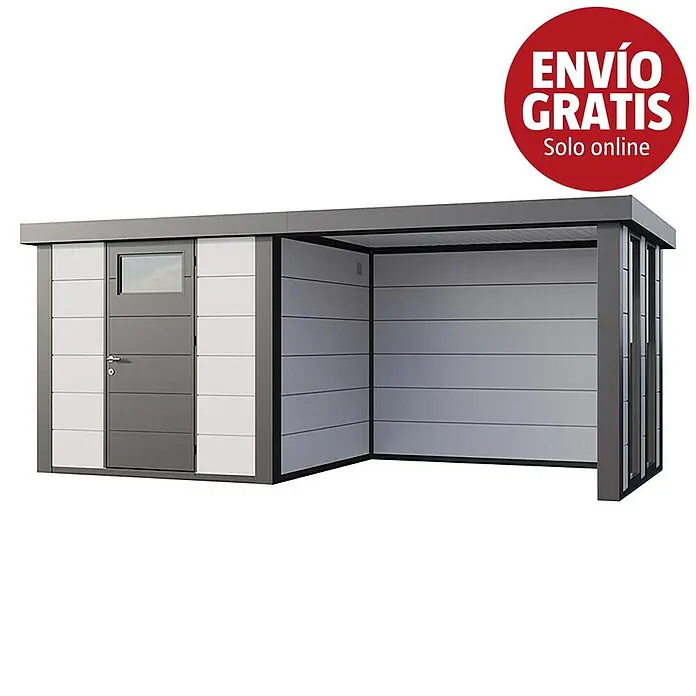 Telluria Caseta para jardín Classico 2424 con salón a la derecha y 2 ventanas - Medidas ext. (An x Pr): 542 x 258 cm, Acero, Blanco/Antracita, Sin set - Cobertizo moderno con garaje, paneles grises y blancos.