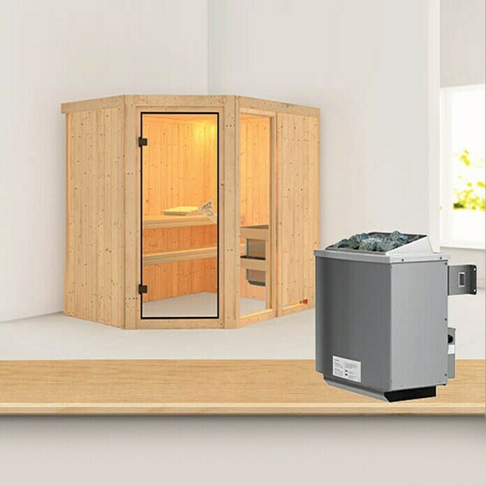 Karibu Systemsauna Fiona 1 (Mit 9 kW Saunaofen mit integrierter Steuerung, Ohne Dachkranz, 151 x 196 x 198 cm)