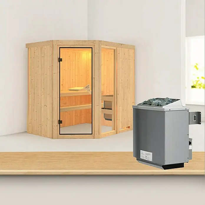 Karibu Elementsauna Fiona - Mit 9 kW Ofen mit integrierter Steuerung, Ohne Dachkranz, L x B x H: 196 x 151 x 192 cm - Sauna mit Holzwänden, Glastür und einem grauen Saunaofen mit Steinen. Entspannung pur mit dieser hochwertigen Saunaanlage.