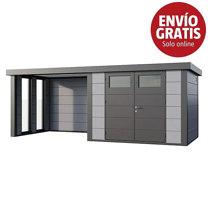 Telluria Caseta para jardín Classico 3024 con salón a la izquierda y 2 ventanas - Medidas ext. (An x Pr): 602 x 258 cm, Acero, Gris claro/Antracita, Sin set - Caseta de jardín gris moderna con puertas dobles y ventanas, con una estructura de refugio abierta integrada.