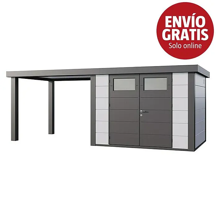 Telluria Caseta para jardín Classico 3024 con salón abierto a la izquierda - Medidas ext. (An x Pr): 602 x 258 cm, Acero, Blanco/Antracita, Sin set - Caseta metálica gris y blanca con puertas dobles y estructura de cochera anexa.