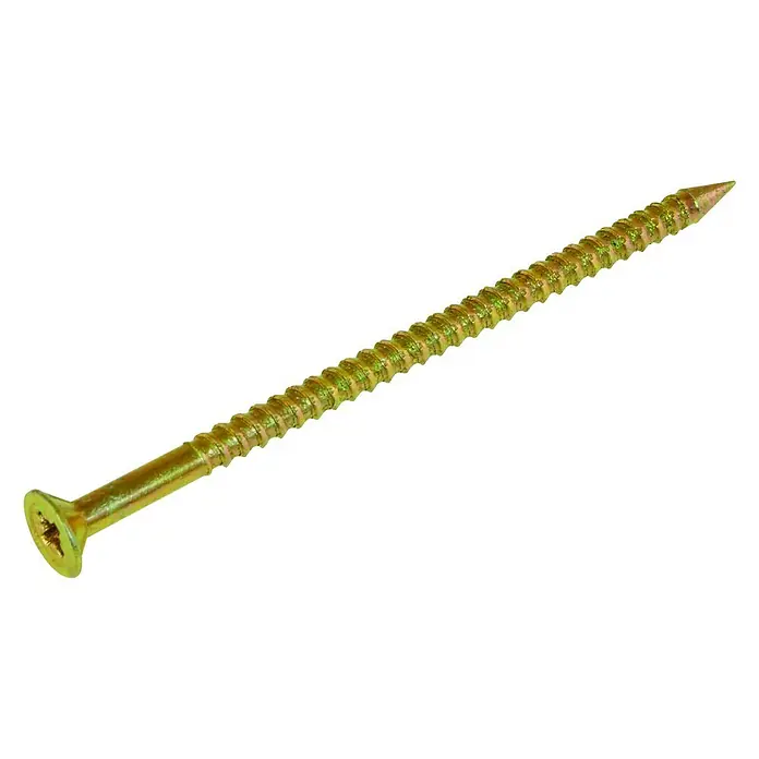 Suki Ankernagel - Ø x L: 4,2 x 100 mm, Stahl, 50 Stk. - Nahaufnahme einer einzelnen, goldfarbenen Holzschraube mit flachem Kopf und scharfer Spitze, ideal für Holzbearbeitung und Heimwerkerprojekte.