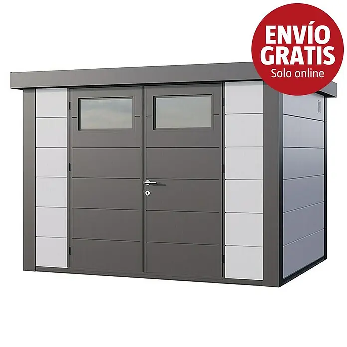 Telluria Caseta para jardín Classico 3024 - Medidas ext. (An x Pr): 318 x 258 cm, Acero, Blanco/Antracita, Sin set - Cobertizo de jardín moderno con puertas dobles gris oscuro, ventanas y paneles laterales gris claro.