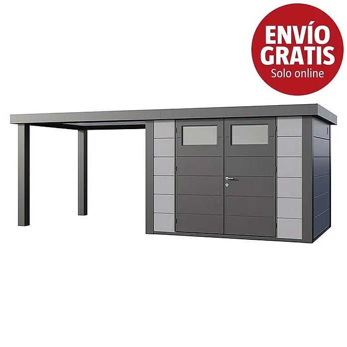 Telluria Caseta para jardín Classico 3024 con salón abierto a la izquierda - Medidas ext. (An x Pr): 602 x 258 cm, Acero, Gris claro/Antracita, Sin set - Caseta de jardín metálica gris con dos puertas, ventanas y un carport integrado.