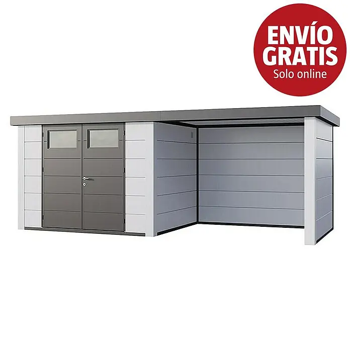 Telluria Caseta para jardín Classico 3024 con salón a la derecha - Medidas ext. (An x Pr): 602 x 258 cm, Acero, Blanco, Sin set - Caseta modular gris y blanca con puertas dobles, ventanas y un garaje abierto integrado.