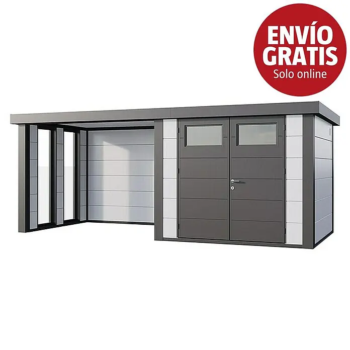 Telluria Caseta para jardín Classico 2724 con salón a la izquierda y 2 ventanas - Medidas ext. (An x Pr): 572 x 258 cm, Acero, Blanco/Antracita, Sin set - Caseta de jardín modular gris oscuro y blanco con puertas dobles, ventanas y marquesina abierta integrada.