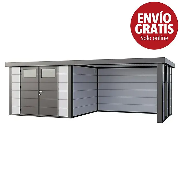 Telluria Caseta para jardín Classico 3330 con salón a la derecha y 2 ventanas - Medidas ext. (An x Pr): 692 x 318 cm, Acero, Blanco/Antracita, Sin set - Caseta de jardín metálica gris y blanca moderna con doble puerta y ventanas, integrada con un carport abierto.