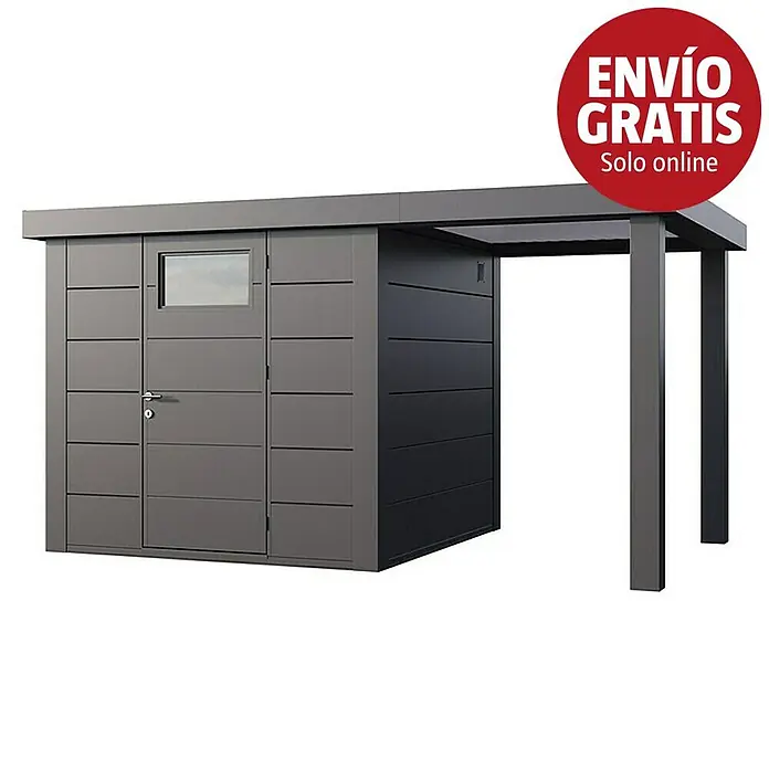 Telluria Caseta para jardín Classico 2424 con salón abierto a la derecha - Medidas ext. (An x Pr): 426 x 258 cm, Acero, Antracita, Sin set - Caseta de jardín metálica gris oscuro con una puerta, pequeña ventana y extensión de cochera abierta integrada.