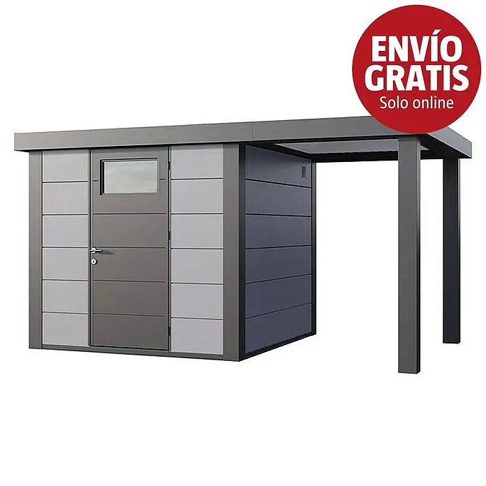 Telluria Caseta para jardín Classico 2424 con salón abierto a la derecha - Medidas ext. (An x Pr): 426 x 258 cm, Acero, Gris claro/Antracita, Sin set - Caseta de jardín gris moderna con acentos gris claro, puerta, ventana y extensión de cochera integrada.
