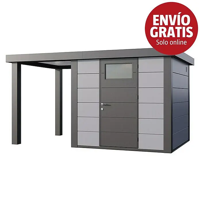Telluria Caseta para jardín Classico 2424 con salón abierto a la izquierda - Medidas ext. (An x Pr): 426 x 258 cm, Acero, Gris claro/Antracita, Sin set - Caseta de jardín moderna gris y gris claro con puerta, ventana y estructura de cochera integrada.