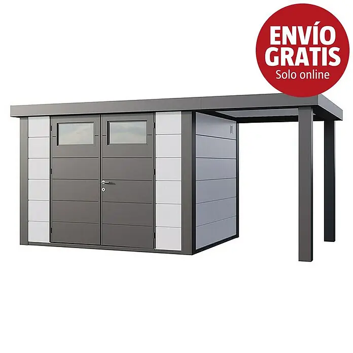Telluria Caseta para jardín Classico 3024 con salón abierto a la derecha - Medidas ext. (An x Pr): 486 x 258 cm, Acero, Blanco/Antracita, Sin set - Caseta de jardín moderna gris y blanca con dos puertas, ventanas y marquesina abierta adjunta.