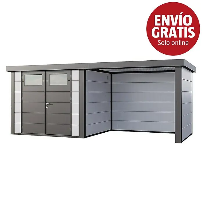 Telluria Caseta para jardín Classico 2724 con salón a la derecha - Medidas ext. (An x Pr): 572 x 258 cm, Acero, Blanco/Antracita, Sin set - Caseta de jardín moderna gris y gris claro con marquesina/cobertizo abierto integrado. Con puertas dobles y ventanas.