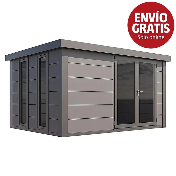 Telluria Caseta de jardín Luminato 3930 - Medidas ext. (An x Pr): 408 x 318 cm, Acero, Gris claro/Antracita, Sin set - Caseta de jardín moderna gris con techo plano, ventanas oscuras grandes y puertas dobles.