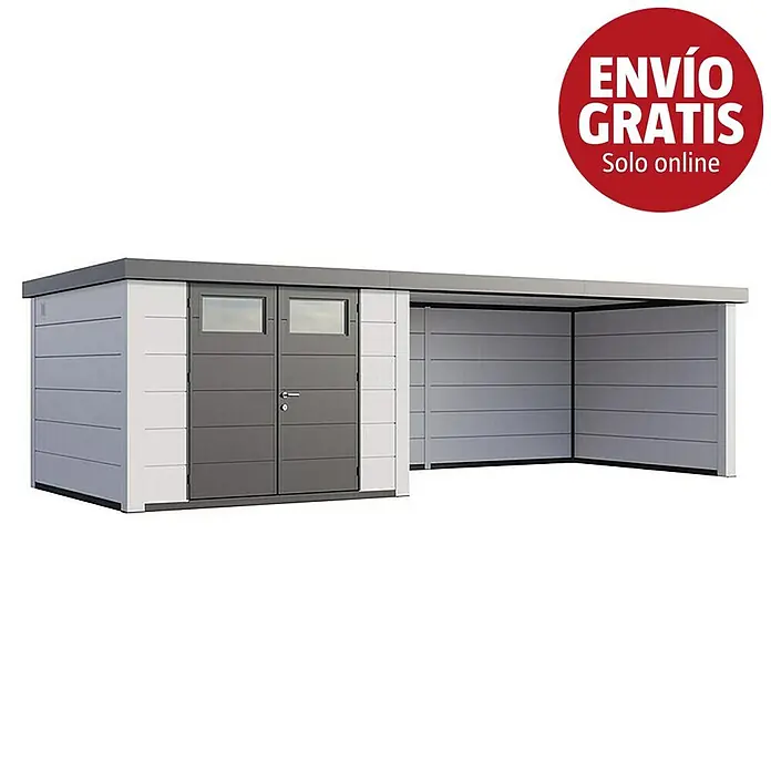 Telluria Caseta para jardín Classico 3330 con salón XL a la derecha - Medidas ext. (An x Pr): 812 x 318 cm, Acero, Blanco, Sin set - Cobertizo de jardín moderno gris y blanco con techo plano y carport integrado.