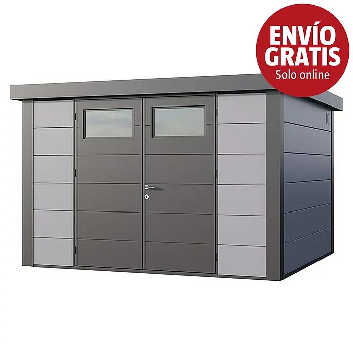 Telluria Caseta para jardín Classico 3330 - Medidas ext. (An x Pr): 348 x 318 cm, Acero, Gris claro/Antracita, Sin set - Cobertizo de almacenamiento moderno gris de dos tonos con doble puerta y ventanas.