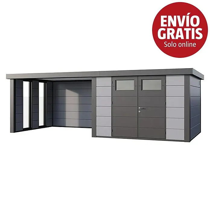 Telluria Caseta para jardín Classico 3030 con salón a la izquierda y 2 ventanas - Medidas ext. (An x Pr): 662 x 318 cm, Acero, Gris claro/Antracita, Sin set - Caseta de jardín gris moderna con doble puerta, ventanas y marquesina adjunta.