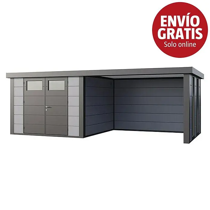 Telluria Caseta para jardín Classico 3330 con salón a la derecha y 2 ventanas - Medidas ext. (An x Pr): 692 x 318 cm, Acero, Gris claro/Antracita, Sin set - Caseta de jardín metálica gris con carport integrado.