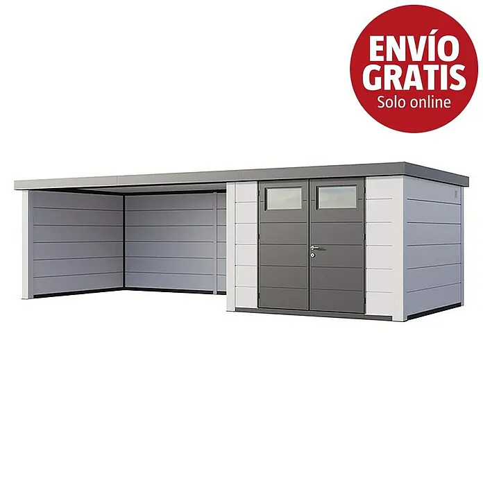 Telluria Caseta para jardín Classico 3030 con salón XL a la izquierda - Medidas ext. (An x Pr): 782 x 318 cm, Acero, Blanco, Sin set - Carport moderno gris y blanco con caseta de jardín integrada, con puertas dobles y ventanas.