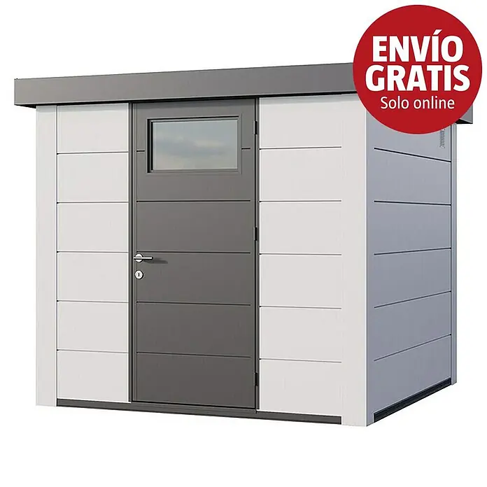 Telluria Caseta para jardín Classico 2424 - Medidas ext. (An x Pr): 258 x 258 cm, Acero, Blanco, Sin set - Caseta de jardín moderna con puerta gris, ventana y paneles blancos/grises.