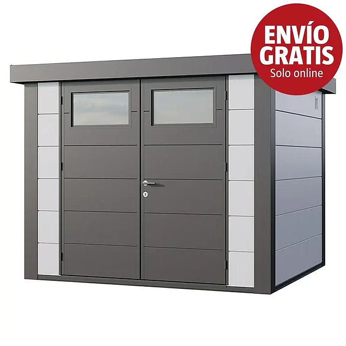Telluria Caseta para jardín Classico 2724 - Medidas ext. (An x Pr): 288 x 258 cm, Acero, Blanco/Antracita, Sin set - Cobertizo de jardín gris moderno con puertas dobles, ventanas integradas y paneles laterales gris claro.