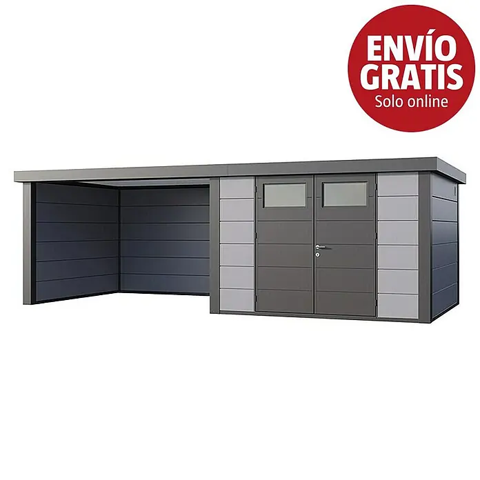 Telluria Caseta para jardín Classico 3030 con salón a la izquierda - Medidas ext. (An x Pr): 662 x 318 cm, Acero, Gris claro/Antracita, Sin set - Cobertizo metálico moderno gris/antracita con carport integrado y dos puertas con ventanas.