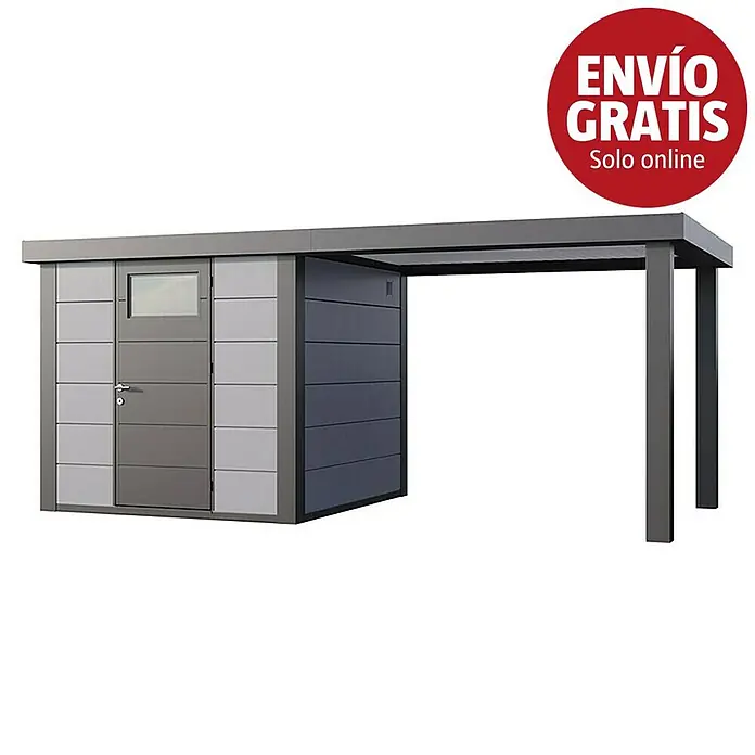 Telluria Caseta para jardín Classico 2424 con salón abierto a la derecha - Medidas ext. (An x Pr): 542 x 258 cm, Acero, Gris claro/Antracita, Sin set - Caseta de metal gris con carport adosado para almacenamiento y refugio de vehículos.