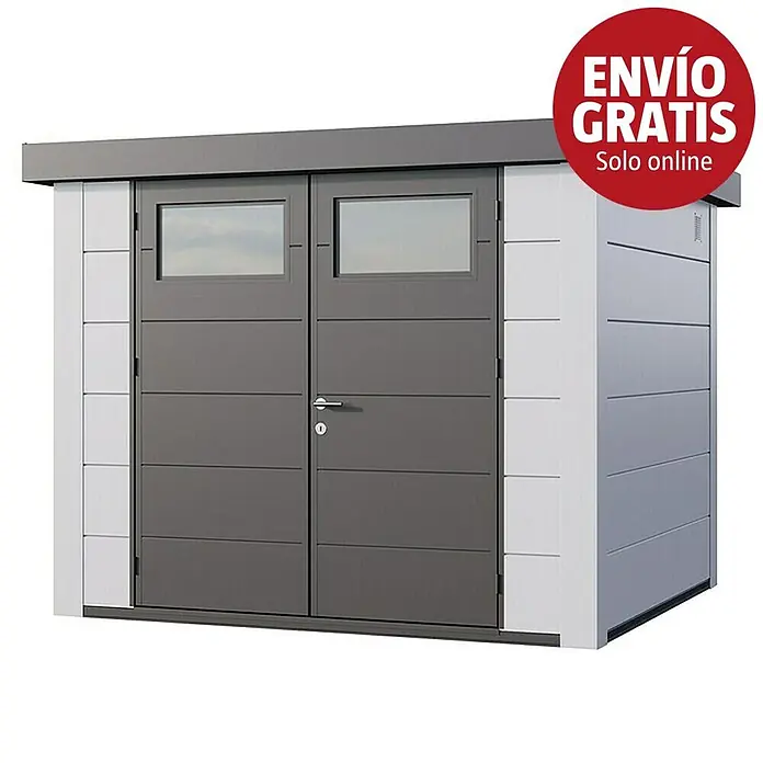 Telluria Caseta para jardín Classico 2724 - Medidas ext. (An x Pr): 288 x 258 cm, Acero, Blanco, Sin set - Cobertizo de jardín moderno gris y blanco con puertas dobles y ventanas.