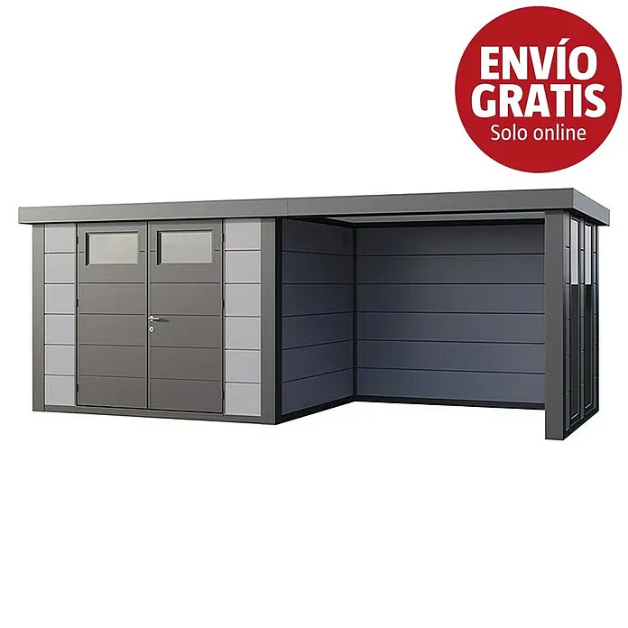 Telluria Caseta para jardín Classico 3024 con salón a la derecha y 2 ventanas - Medidas ext. (An x Pr): 602 x 258 cm, Acero, Gris claro/Antracita, Sin set - Cobertizo de jardín metálico gris moderno con puertas dobles, ventanas y carport/anexo abierto integrado.