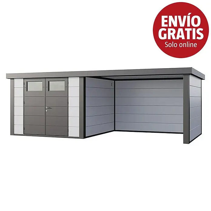 Telluria Caseta para jardín Classico 3030 con salón a la derecha - Medidas ext. (An x Pr): 662 x 318 cm, Acero, Blanco/Antracita, Sin set - Caseta metálica moderna gris y blanca con doble puerta y un porche abierto integrado a la derecha.