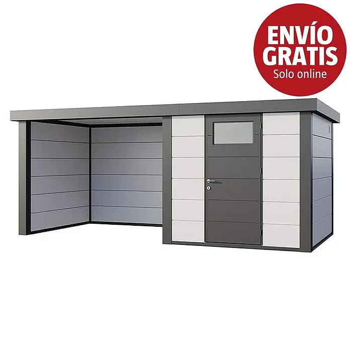 Telluria Caseta para jardín Classico 2424 con salón a la izquierda - Medidas ext. (An x Pr): 542 x 258 cm, Acero, Blanco/Antracita, Sin set - Cochera moderna de metal gris y blanco con un cobertizo de almacenamiento integrado.
