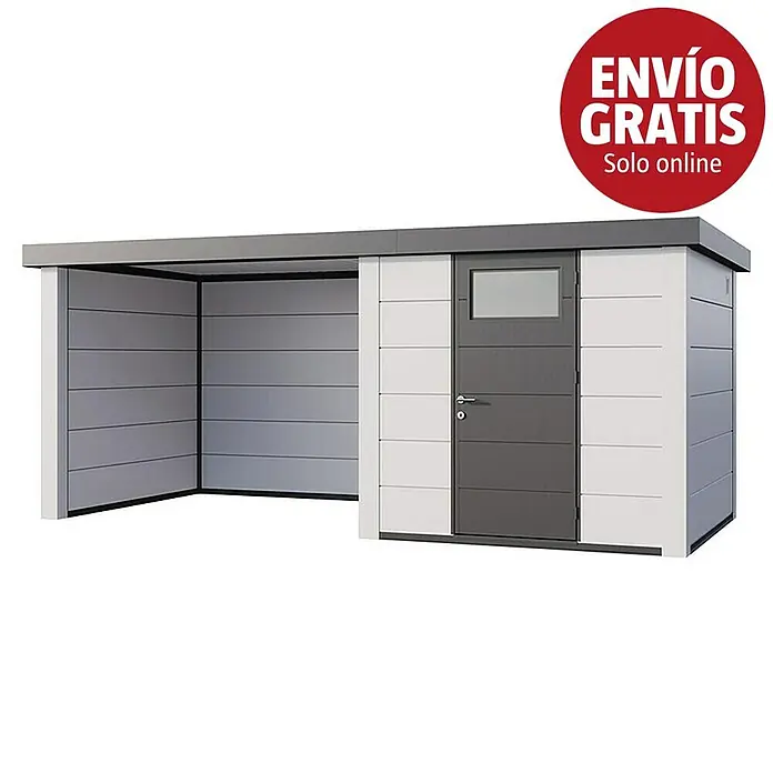 Telluria Caseta para jardín Classico 2424 con salón a la izquierda - Medidas ext. (An x Pr): 542 x 258 cm, Acero, Blanco, Sin set - Cobertizo moderno gris y blanco con garaje abierto integrado y puerta gris oscuro.