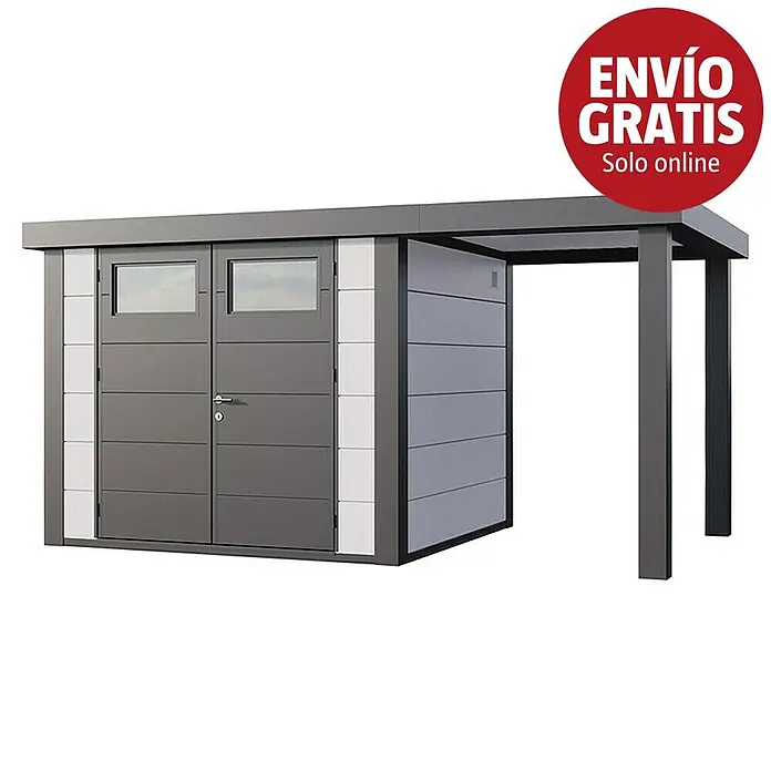 Telluria Caseta para jardín Classico 2724 con salón abierto a la derecha - Medidas ext. (An x Pr): 456 x 258 cm, Acero, Blanco/Antracita, Sin set - Caseta de jardín gris moderna con puertas dobles, ventanas y una estructura de cochera abierta adjunta.