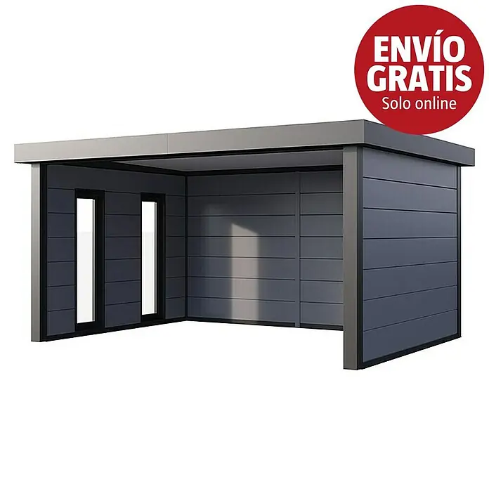 Telluria Pérgola estándar Singolo 4836 con ventanas - Medidas ext. (An x Pr): 508 x 388 cm, Acero, Gris claro, Sin set - Marquesina metálica moderna gris oscuro con techo plano y dos ventanas verticales.